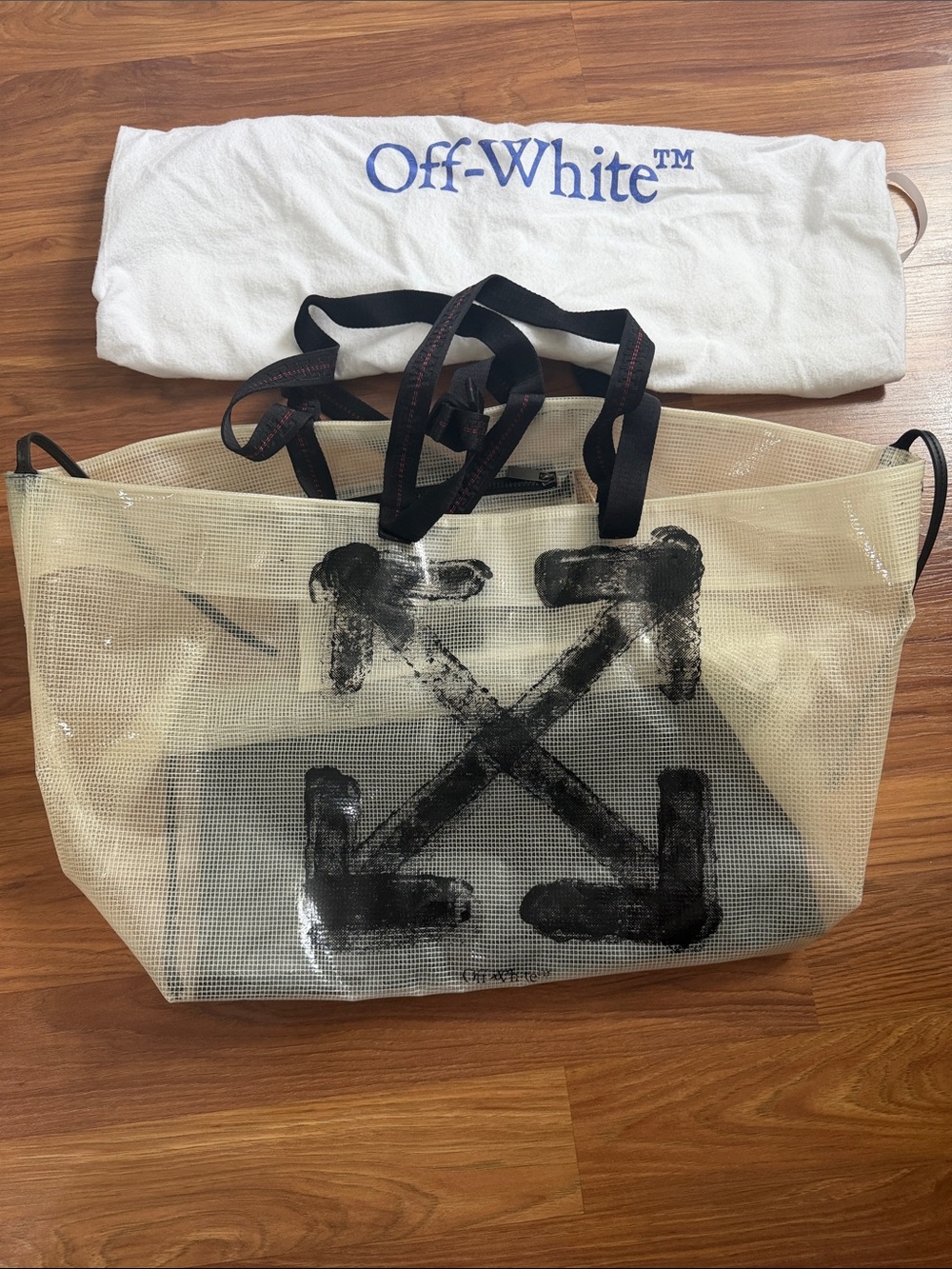 Off-White Cream Transparent Mesh Tote beach with Black Arrow Graphic